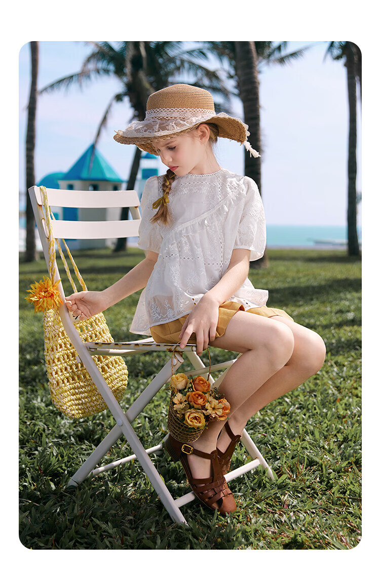 CHANZUIGOU Girls French Style Hollow Embroidered Top 2026 Summer New Breathable Short Sleeve Shirt 9